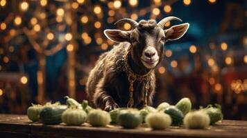A goat displays vegetables on a table, surrounded by warm, festive lights. photo