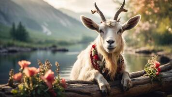 A goat adorned with flowers rests by a serene lakeside, surrounded by nature's beauty. photo