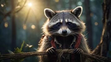 A raccoon with a curious expression in a sunlit forest setting. photo