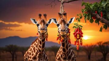 Two giraffes adorned with colorful peppers against a vibrant sunset backdrop. photo