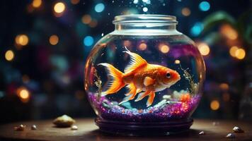 A goldfish swims in a colorful bowl, surrounded by sparkling decorations and soft lighting. photo