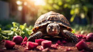 A tortoise rests on the ground surrounded by scattered fruit pieces in a natural setting. photo