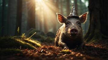 A whimsical pig wearing a party hat in a sunlit forest setting. photo