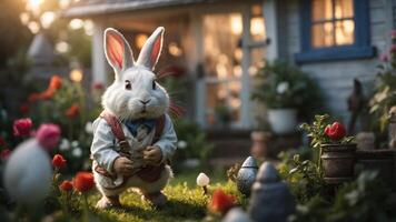 A whimsical rabbit in a garden, surrounded by flowers and decorative eggs, near a cozy home. photo