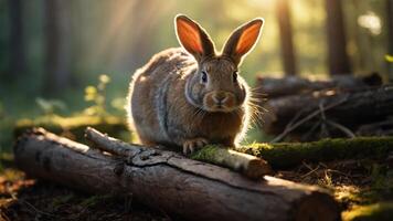 A serene rabbit perched on a log in a sunlit forest, showcasing nature's tranquility. photo