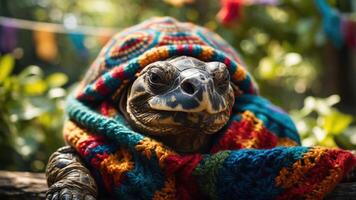 A turtle wrapped in a colorful, knitted blanket, showcasing a whimsical and cozy vibe. photo
