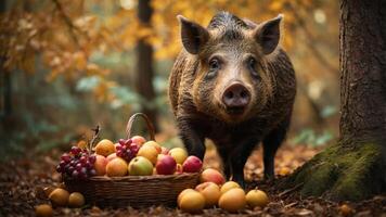 A pig stands near a basket of colorful fruits in a serene autumn forest setting. photo