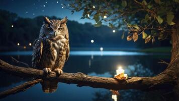 An owl perched on a branch by a serene lake, illuminated by a candlelight glow. photo
