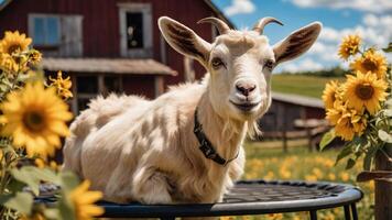 A goat lounging on a trampoline surrounded by sunflowers in a rural setting. photo