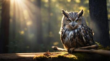A majestic owl perched on a branch, illuminated by soft sunlight in a forest setting. photo
