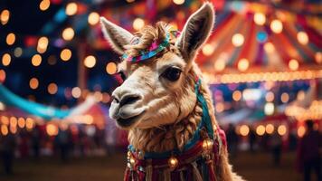 A decorated llama stands in front of a colorful carnival backdrop with festive lights. photo