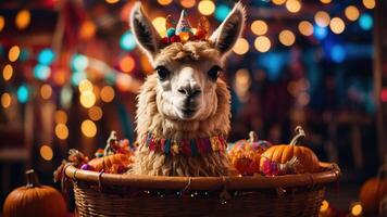 A festive llama in a basket surrounded by pumpkins and colorful lights. photo