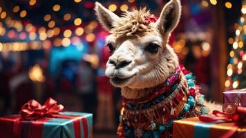 A festive llama adorned with decorations and surrounded by colorful gifts. photo