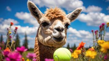 A friendly llama posing among colorful flowers with a tennis ball in a sunny landscape. photo