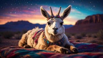 A llama adorned with colorful accessories rests on a blanket against a scenic sunset backdrop. photo