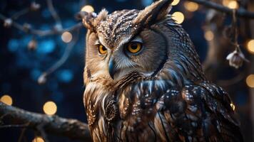 A majestic owl perched on a branch, surrounded by soft glowing lights in a serene setting. photo