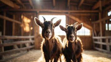 Two goats standing in a barn, illuminated by warm sunlight. photo