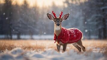 A deer wearing a festive red sweater stands in a snowy field during winter. photo
