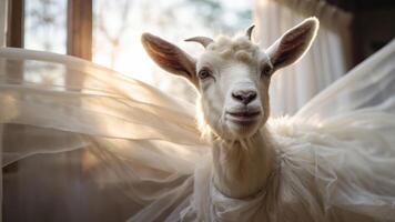 A whimsical goat adorned with flowing fabric, set against a soft, sunlit background. photo