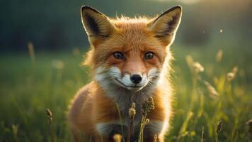 A close-up of a fox in a grassy field, showcasing its vibrant fur and inquisitive expression. photo