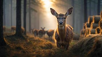 A deer stands in a misty forest, surrounded by other deer and hay bales in the background. photo