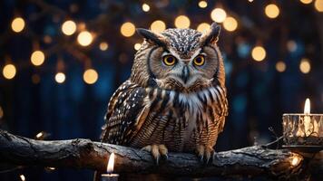 A majestic owl perched on a branch, surrounded by soft glowing lights and candles. photo