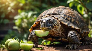 A tortoise enjoying a slice of fruit in a lush green environment. photo