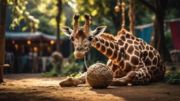 A giraffe lounging on the ground, playing with a ball of twine in a serene environment. photo