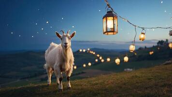 A serene goat stands in a twilight landscape adorned with glowing lanterns. photo