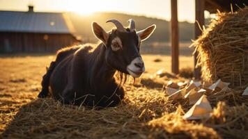 A goat resting on straw with a warm sunset in the background. photo