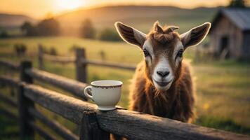 A curious goat stands by a fence with a cup, basking in a serene sunset landscape. photo