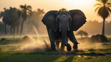 An elephant splashes through water at sunset, surrounded by palm trees in a serene landscape. photo