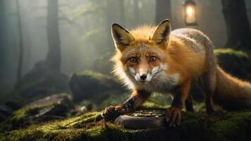 A fox in a misty forest, poised on mossy ground with a lantern in the background. photo