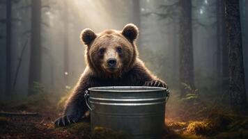 A bear curiously approaches a metal bucket in a misty forest setting. photo