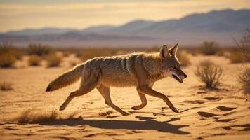 A coyote runs gracefully across a sandy desert landscape during sunset. photo