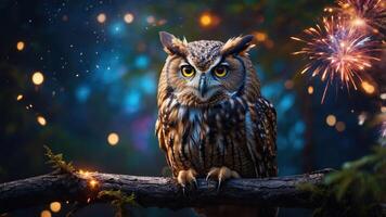 A majestic owl perched on a branch, surrounded by a magical forest and festive fireworks. photo