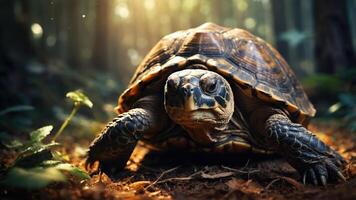 A close-up of a tortoise in a sunlit forest setting, highlighting its detailed shell and surroundings. photo