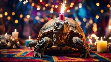 A tortoise with a festive candle on its shell, surrounded by colorful lights and candles. photo