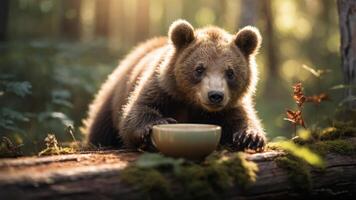A curious bear approaches a bowl in a sunlit forest setting. photo