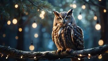 A majestic owl perched on a branch, surrounded by soft glowing lights in a forest setting. photo