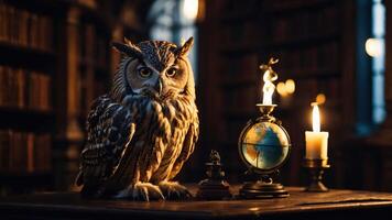An owl perched on a table in a library, surrounded by a globe and candlelight. photo