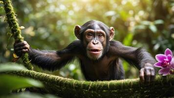 A young chimpanzee perched on a branch in a lush, vibrant jungle setting. photo