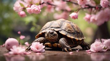 A tortoise surrounded by pink blossoms, creating a serene and natural setting. photo