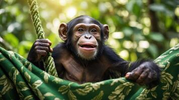 A playful chimpanzee resting on a fabric in a lush green environment. photo