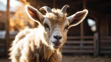 A close-up of a goat with a soft, fluffy coat, set in a farm environment. photo