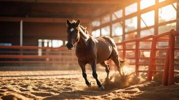 A horse galloping in a sunlit arena, kicking up dust in a warm, inviting atmosphere. photo