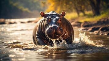 A hippopotamus wades through a river, creating splashes in a serene natural setting. photo