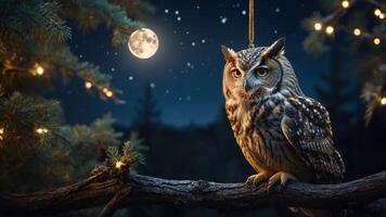 A serene owl perched on a branch under a moonlit sky adorned with twinkling lights. photo