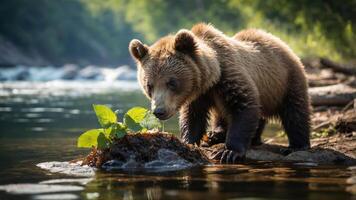 A young bear explores the shoreline near a river, interacting with plants and nature. photo