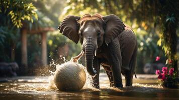 An elephant playing with a ball in a serene water setting surrounded by lush greenery. photo